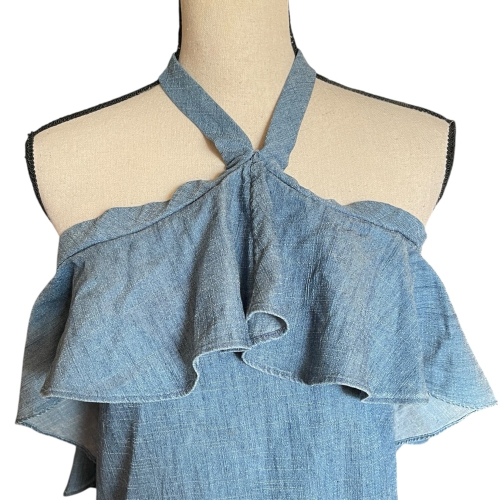 Alice + Oliva Alexia Off the Shoulder Ruffle Halter Mini Chambray Dress Small - Picture 5 of 15